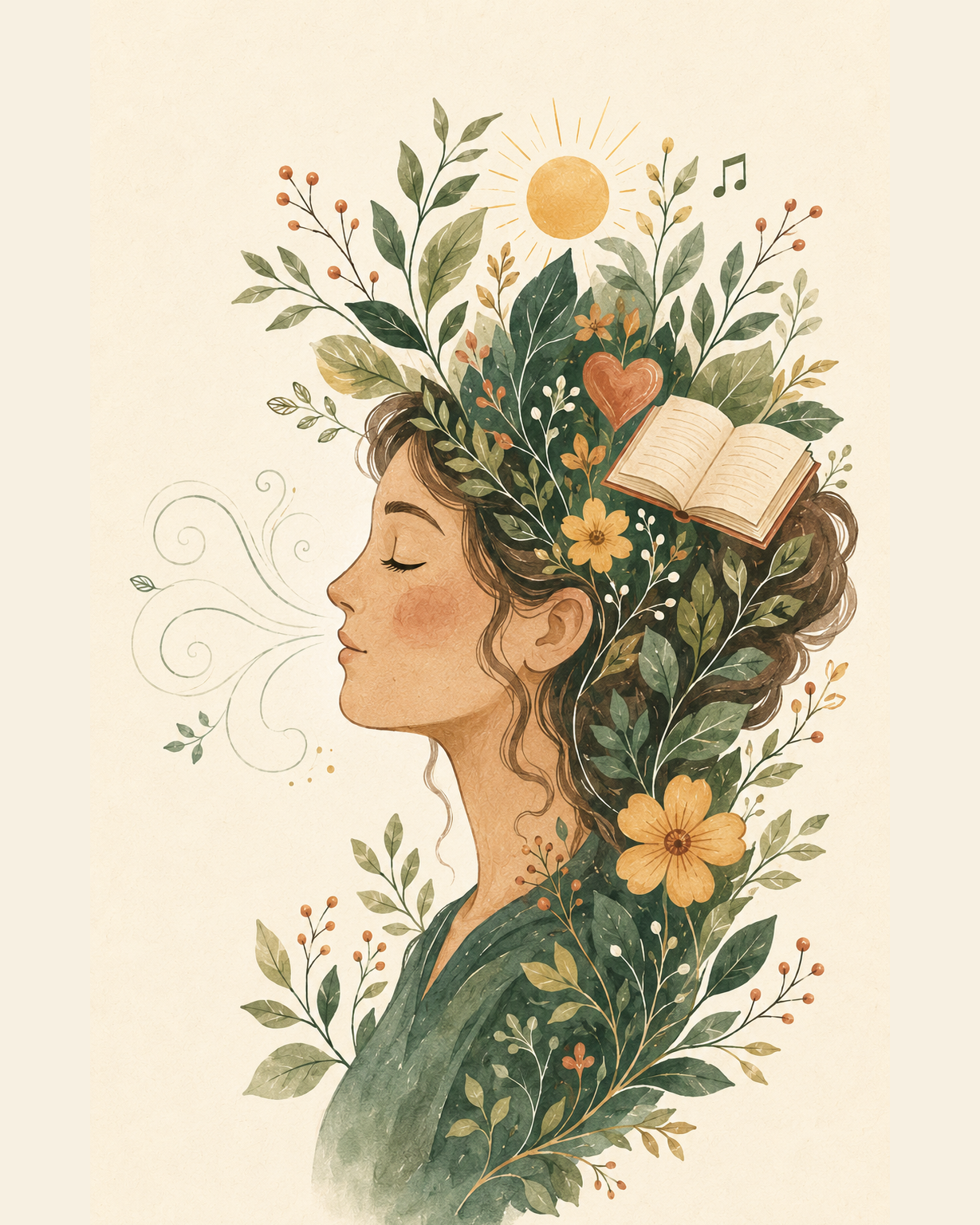 Pessoa respirando com um jardim de folhas, flores, música, afeto e leitura florescendo em sua mente
